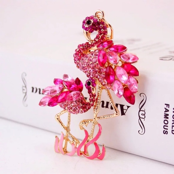 Whimsical Mother Baby Pink Crystal Flamingo Keychain Charm - Picture 1 of 16
